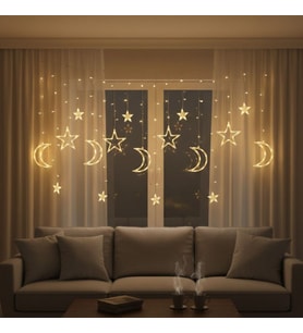 Ay ve Yıldız Figürlü Kumandalı 12 Sarkıtlı 120 LED Dekor Işık – Dekoratif Ortam ve Masaüstü Aydınlatması (5343)