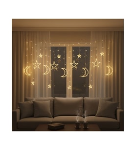 Ay ve Yıldız Figürlü Kumandalı 12 Sarkıtlı 120 LED Dekor Işık – Dekoratif Ortam ve Masaüstü Aydınlatması (5343)