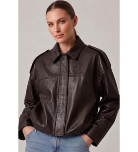 Koyu Kahverengi Hakiki Deri Oversize Crop Kemerli Omuz Apolet Detaylı Kadın Ceket