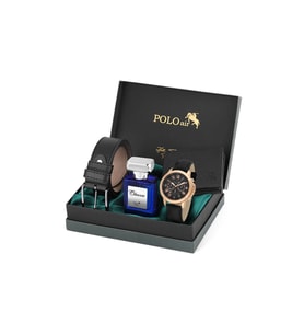 Polo Air Deri Kordon Romen Rakamlı Klasik Erkek Kol Saati Cüzdan Kemer 55 ml Parfüm Seti Bakır Siyah Renk PL-7095E4
