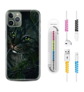 Apple iPhone 11 12 13 14 Pro Max Kılıf Kablo Koruma Spiral Silikon Flowers Cat 1345