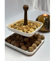 Aless 2 KATLI AHŞAP KULPLU SERAMİK SUNUMLUK ÇEREZLİK MEYVELİK (Beyaz - Ceviz)