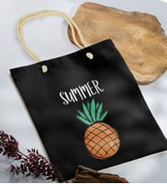 BK Gift Yaz Temalı Siyah Halat Saplı Kumaş Plaj Çantası -4, Baskılı Omuz Çantası, Alışveriş Çantası, Arkadaşa Hediye, Sevgiliye Hediye