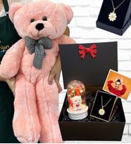 Büyük Boy Pembe Peluş Ayıcık ve Kolyeli Fotoğraflı Hediye Kutusu - Premium Set (Model 4)