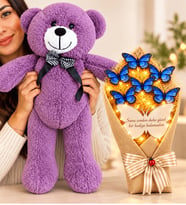 LED Işıklı Aynalı Mavi Kelebek Buketi ve 50 cm Mor Peluş Ayıcık Hediye Seti