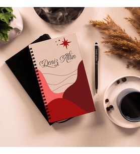 Kendin Tasarla & Ahşap Kapaklı Desenli Defter , Touchpen Metal Tükenmez Kalem (Model 5)