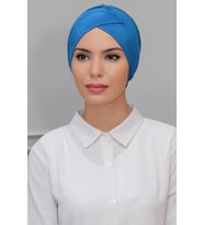 Mavi Pratik Hazır Geçmeli Tesettür Bone Sandy Kumaş Çapraz Büzgülü 1801_34