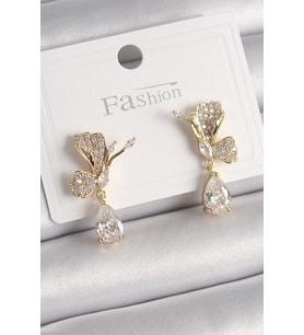 Pirinç Gold Renk Zirkon Taşlı Turna Kuşu Model Sallantı Detay Kadın Küpe 5886 - SSSSSS3523-5