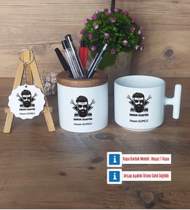 Erkek Kuaförü Hediye Sepeti Kalemlik, Kupa Bardak Sihirli, Ahşap Anahtarlık Hediye (Model 3)