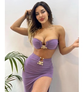 Lila Sandy Kumaş Tokalı Büstiyer Ve Etekli İkili Takım