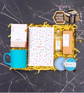 Dekoratif Ahşap Kutulu Hediye Seti & Defter, Bitki Çayı, Kupa Bardak, Kolanya, Mum