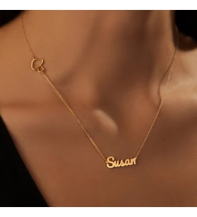 Kişiye Özel Yan Mini Mantar Figürlü İsim Kolye 925K Gümüş (Gold)