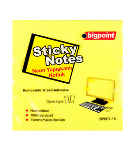 Bigpoint Yapışkanlı Not Kağıdı 75x75mm Neon Sarı x 12 Adet