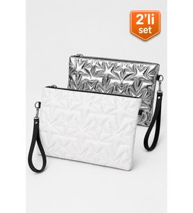 2'li Çanta Paketi Yıldız Desenli Portföy El Çantası Bilek Askılı Clutch Çanta