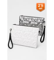 2'li Çanta Paketi Yıldız Desenli Portföy El Çantası Bilek Askılı Clutch Çanta