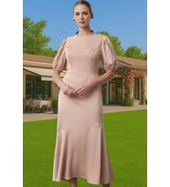 A Kesim Midi Saten Elbise Balık Etekli Şık Abiye Premium Kalite Premium Kalite Rahat Kullanım (Bej)