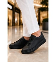 Tromto Bağcıklı Cilt Delikli Erkek Günlük Sneaker Ayakkabı - Siyah
