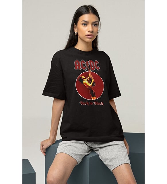 AC DC Back In Black Baskılı Unisex Oversize Rock Metal Tişört