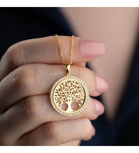 Vaoov 925 Ayar Gümüş Taşlı Hayat Ağacı Kolye Kolye (Gold)
