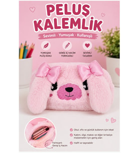 Pembe Peluş Köpek Tasarımlı Tek Bölmeli Kız Kalemlik Organizer