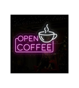 OPEN COFFEE Yazılı ve Şekilli Neon Tabela