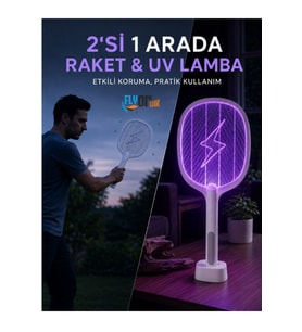 Şarjlı Sinek ve Sivrisinek Öldürücü Raket, 2’si 1 Arada UV Mor Işıklı Standlı Lamba, 500 mAh Pil, 3 Saat Kullanım