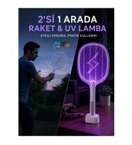 Şarjlı Sinek ve Sivrisinek Öldürücü Raket, 2’si 1 Arada UV Mor Işıklı Standlı Lamba, 500 mAh Pil, 3 Saat Kullanım