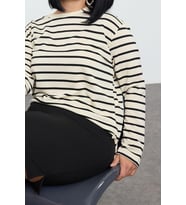 Büyük Beden Bisiklet Yaka Standart Kol Mavi Çizgili Normal Kalıp Örme Sweatshirt