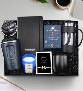 Kişiye Özel 380 ML Kaydırmaz Dereceli Termos & Siyah Defter & Alerya Premium Filtre Kahve & Siyah French Press & Siyah Mat Kupa & Okyanus Kokulu Trendmiya Bardak Mum Hediye Seti