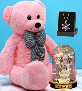 Pembe Peluş Ayıcık, Kişiye Özel Led Işıklı Fanus ve Gerçek Ametist Taşlı Lotus Kolye (Model 2)