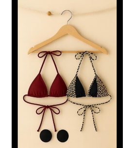 Fantezia Night Kadın Leopar Desenli ve Bordo Minimal Kesim Üçgen Bikini Üstü