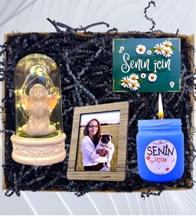Kişiye Özel Fotoğraflı Set & Işıklı Beyaz Melekli Fanus & Kokulu Mavi Mum