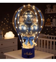 Kişiye Özel Led Işıklı, Lacivert Kutulu ve Mavi İç Balonlu Peluş Ayıcıklı Erkek Bebek Hediyesi