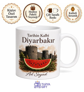 Diyarbakır Surları ve Karpuz Temalı Geleneksel Çay Kahve Kupası Hediye Bardak