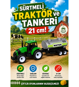 21 cm Tanker Römorklu Traktör Seti Sürtmeli Oyuncak Su Tankeri ve Çiftlik Aracı 3+ Yaş