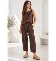 Beli Lastikli Modal Pantolon & Kalın Askılı Bluz Takımı - Füme