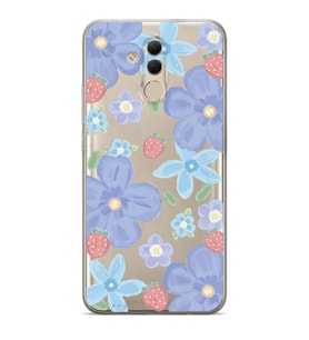 Huawei Mate 20 Lite Uyumlu Çiçek ve Çilek Desenli Şeffaf Telefon Kılıfı