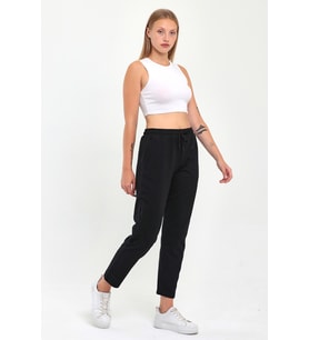 Kadın Siyah Regular Fit Düz Paça Beli Lastikli Bağcıklı Eşofman Altı