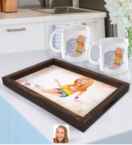 BK Gift Kişiye Özel Kadın Karikatürlü Doğal Ahşap Tepsi ve 2’li Kupa Bardak Seti-42