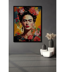 Çerçeve Görünümlü Dekoratif Ahşap Kare Frida Kahlo Çiçekler İçinde Tablosu Ev/Ofis/İşyeri Tablo
