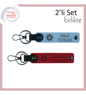 Kişisel Gemi Dümeni Simgeli Anahtarlık, 2’li Set Olarak Hazırlandı, Gök Mavi-Kırmızı