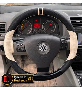 Vw Eos Dikme Direksiyon Kılıfı Delikli Deri Parlak Siyah Bej Detay Çift Yüzük ve Dikiş 2006-2010
