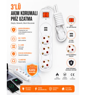 3'lü Akım Korumalı Priz Uzatma Kablosu 1,5 Metre – 2 USB Girişli, Işıklı Anahtarlı, Çocuk Korumalı Ç