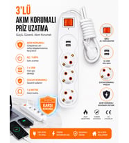 3'lü Akım Korumalı Priz Uzatma Kablosu 1,5 Metre – 2 USB Girişli, Işıklı Anahtarlı, Çocuk Korumalı Ç
