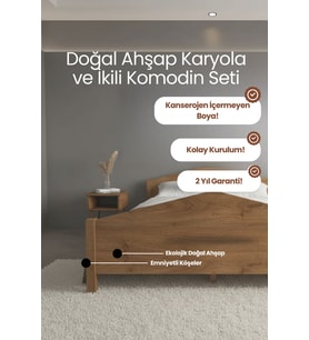 Mi̇lano Piramit Model Masif Ahşap Karyola ve 2 Adet Komodin Kolay Kurulum Fırınlanmış İthal Sibirya Çamı 90x190 Yatak Uyumlu 2 Adet Komodin