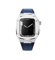 Apple Watch 7 45mm Uyumlu Kordon Deri Kordon Metal Kasa Korumalı Luxury KRD-67 Kayış (Lacivert-Gumus)
