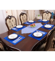 Amerikan Servis Supla Ve Runner Seti 12 Kişilik Set Mavi Ekose Desen Salon ve Masa Sunum Takımı