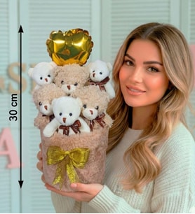 Anneler  Gününe ÖZEL: Deluxe Krem Peluş Silindir Kutuda, Kalpli Balonlu 6’lı Boz Ayıcık Buketi - Anneye  Hediye