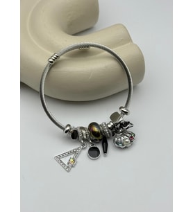 Çelik Silver Taşlı Üçgen Siyah İstiridye Charmlı Pandora Bileklik - 26blk52