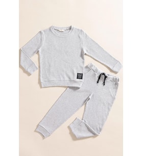 2'li Pamuk Waffle Sweat Jogger Açık Gri Alt Üst Takım